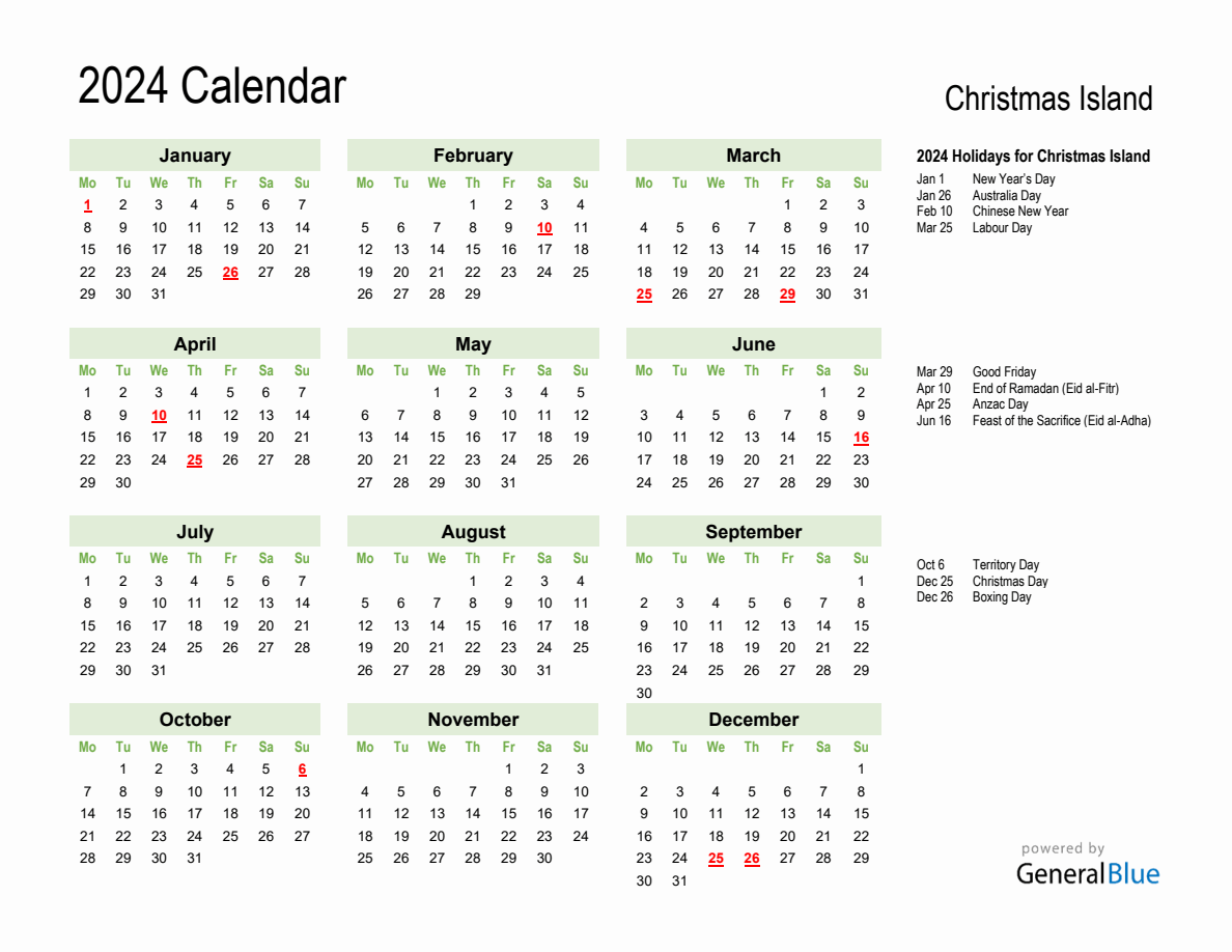 Holiday Calendar 2024 for Christmas Island - Monday Start