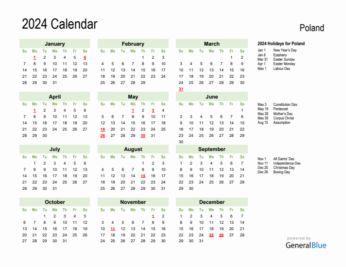 Holiday Calendar 2024 for Poland (Sunday Start)
