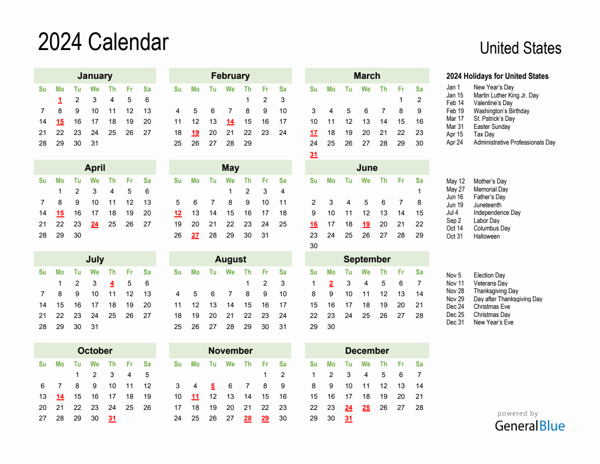 Holiday Calendar 2024 for United States
