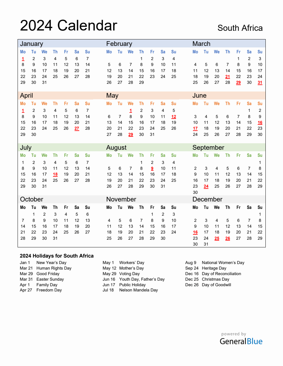 Annual Calendar 2024 with South Africa Holidays - Monday Start
