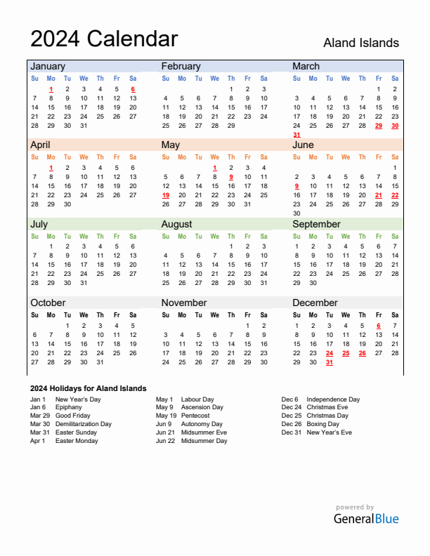 Calendar 2024 with Aland Islands Holidays