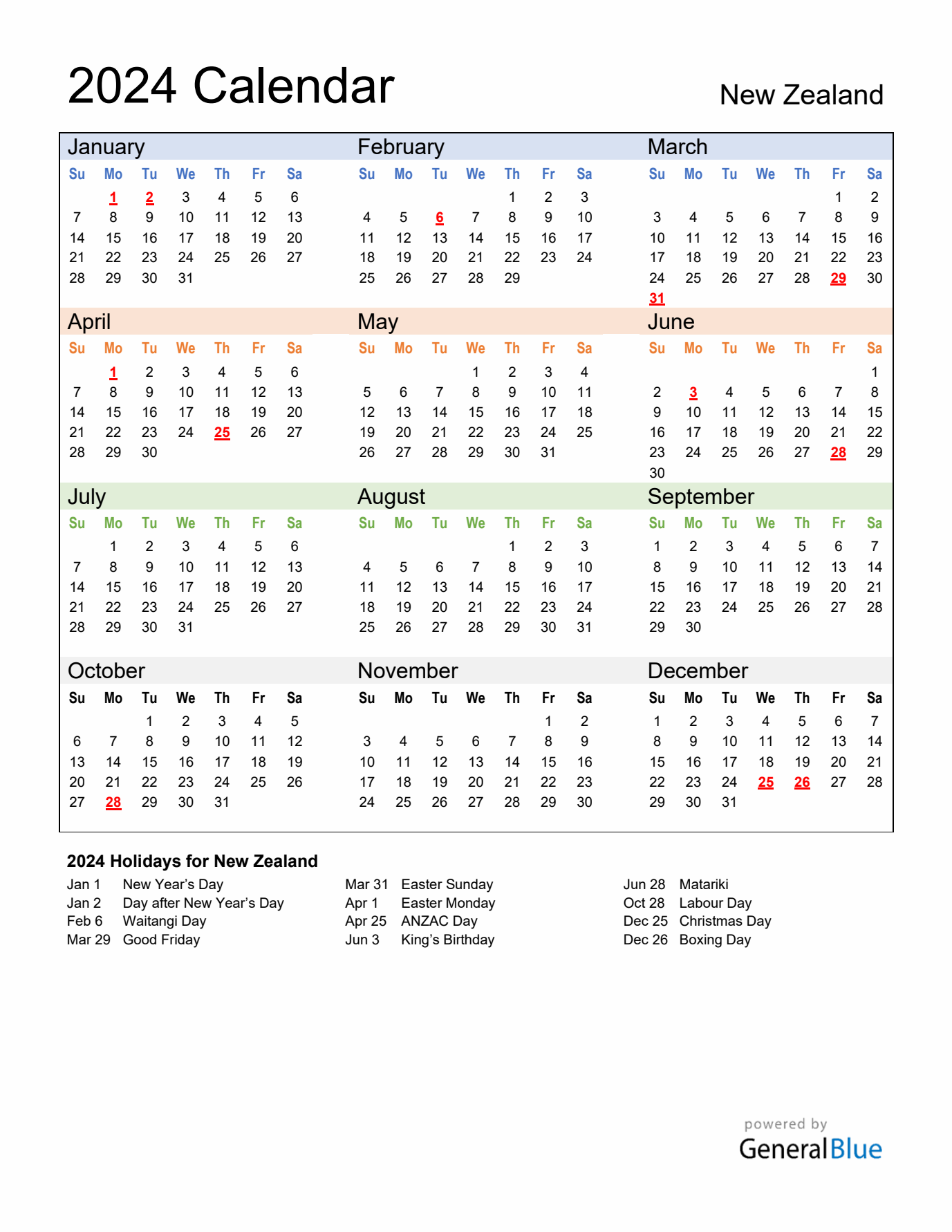 Calendar 2024 with New Zealand Holidays