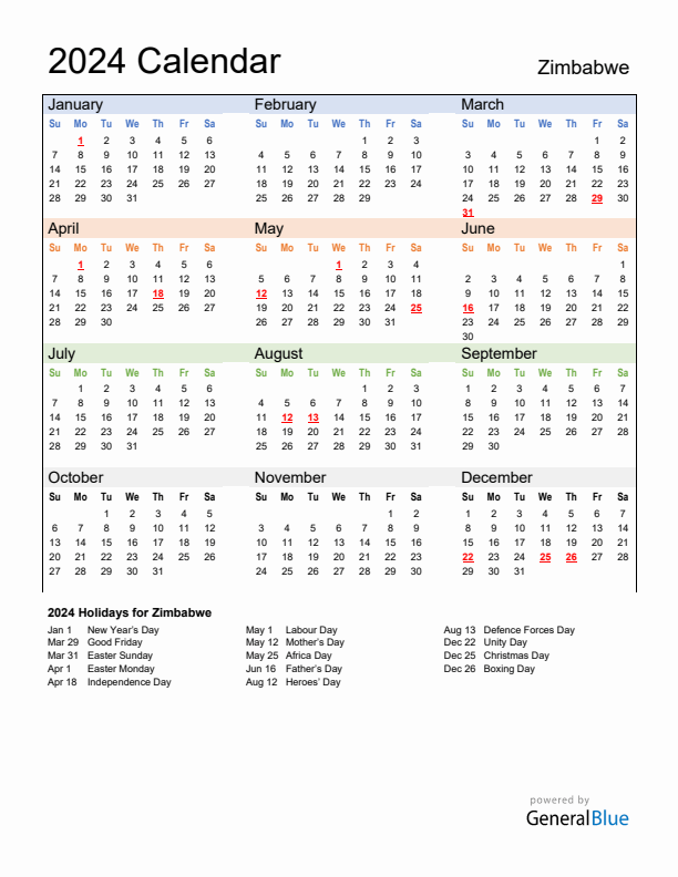 2024 Zimbabwe Calendar With Holidays 2024 Zimbabwe Calendar With Holidays