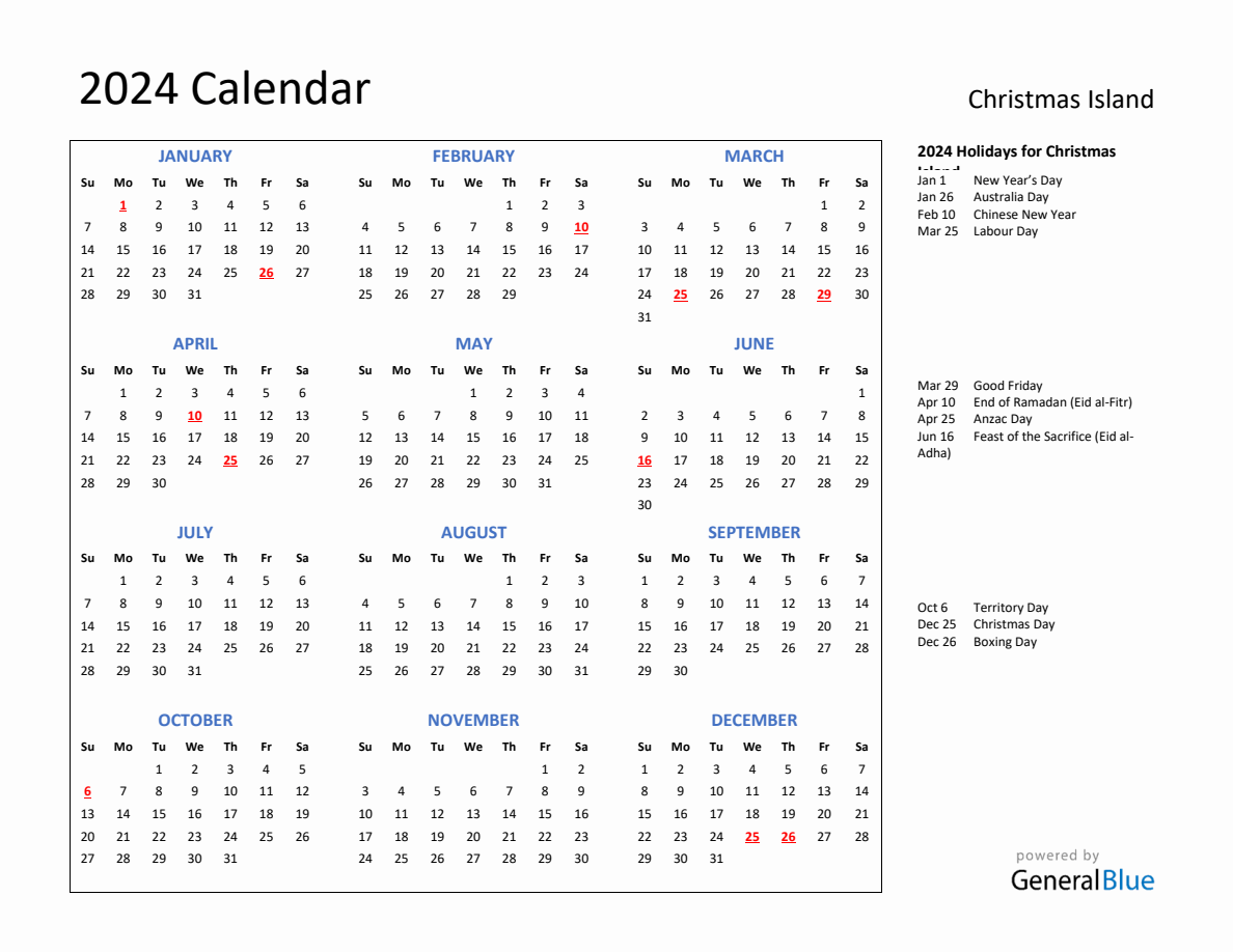 2024 Calendar with Holidays for Christmas Island