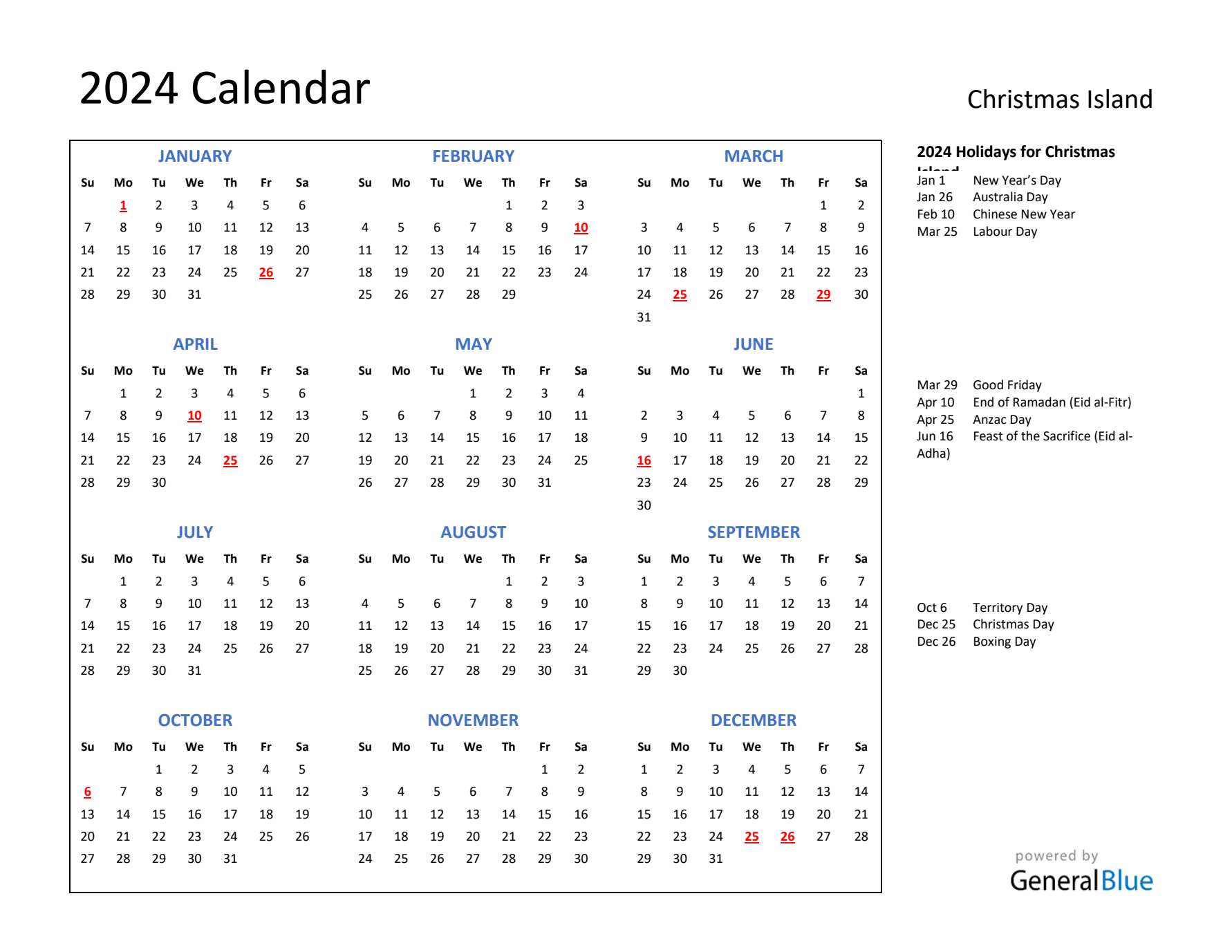 2024 Calendar with Holidays for Christmas Island