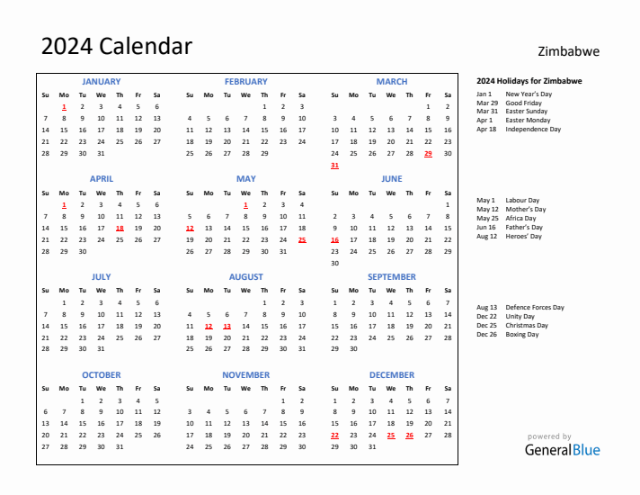 2024 Calendar With Holidays For Zimbabwe 2024 Calendar With Holidays For Zimbabwe