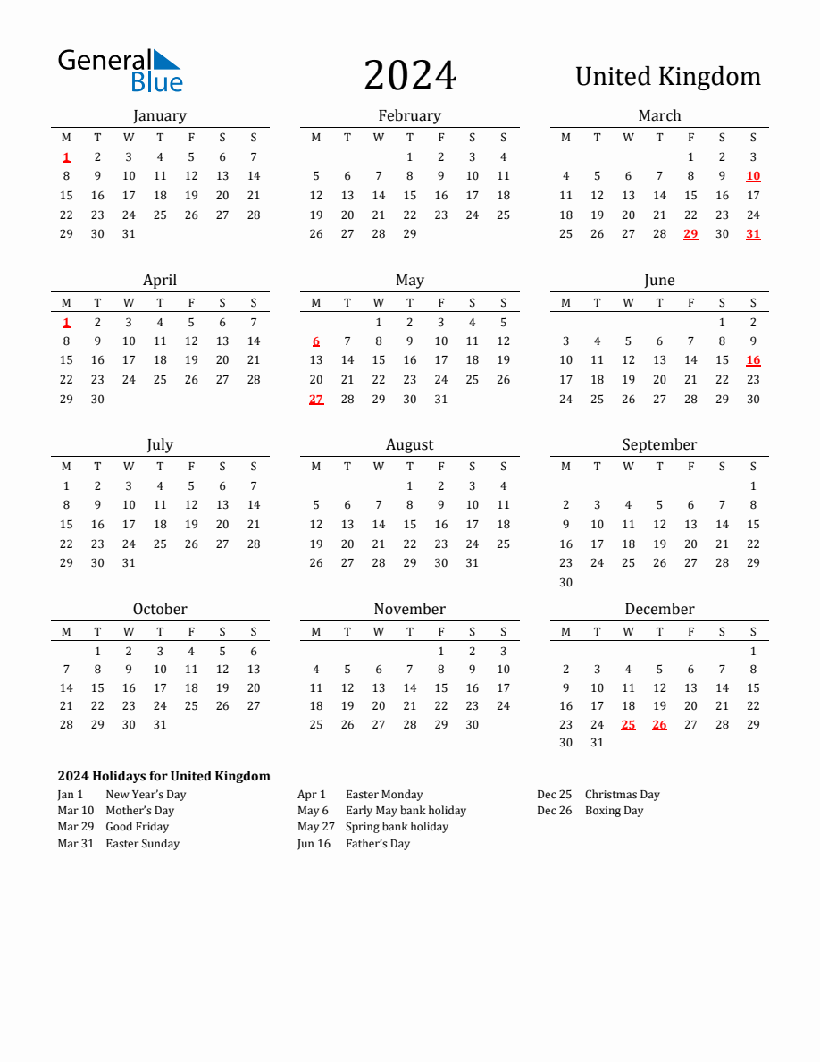 Free United Kingdom Holidays Calendar for Year 2024 - Monday Start