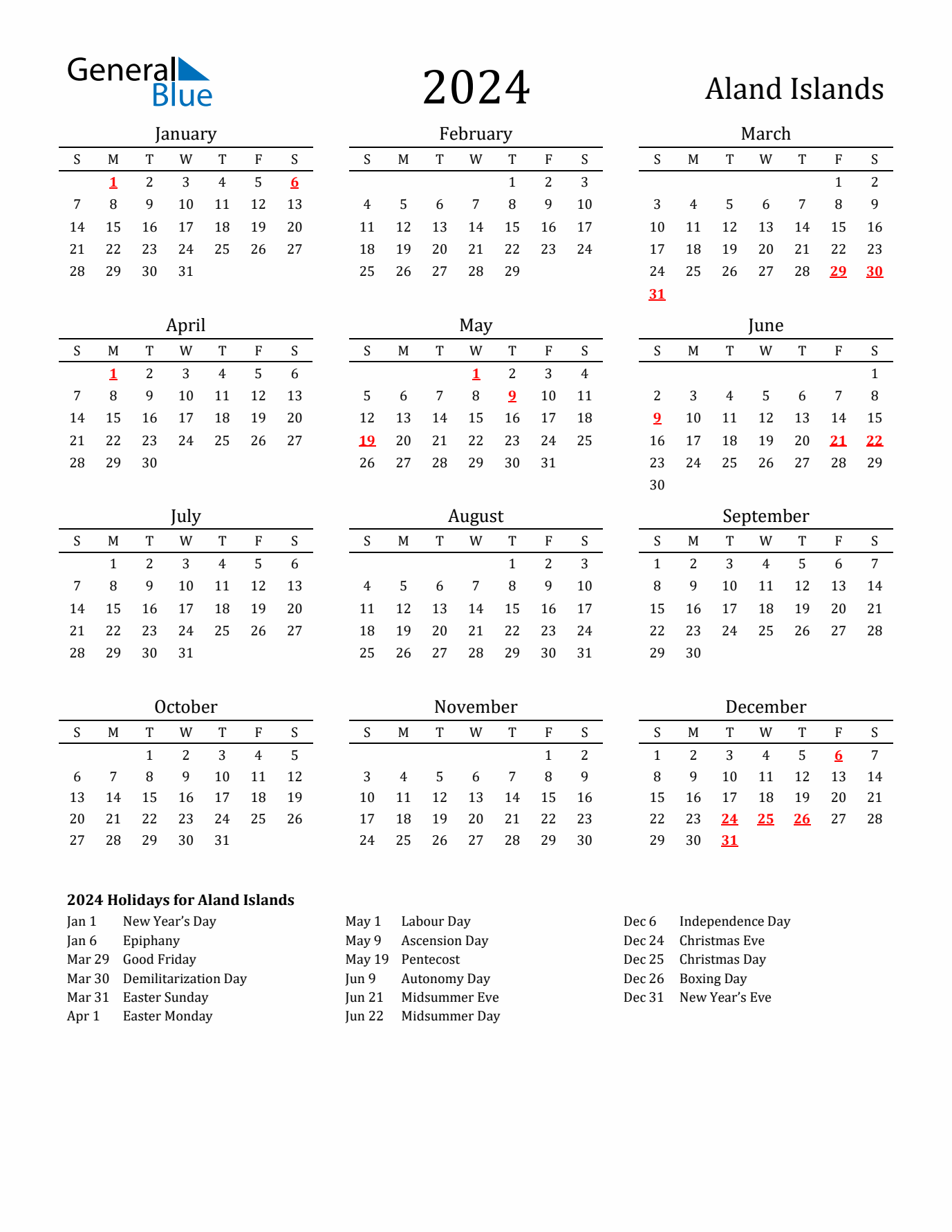 Aland Islands Holidays Calendar for 2024