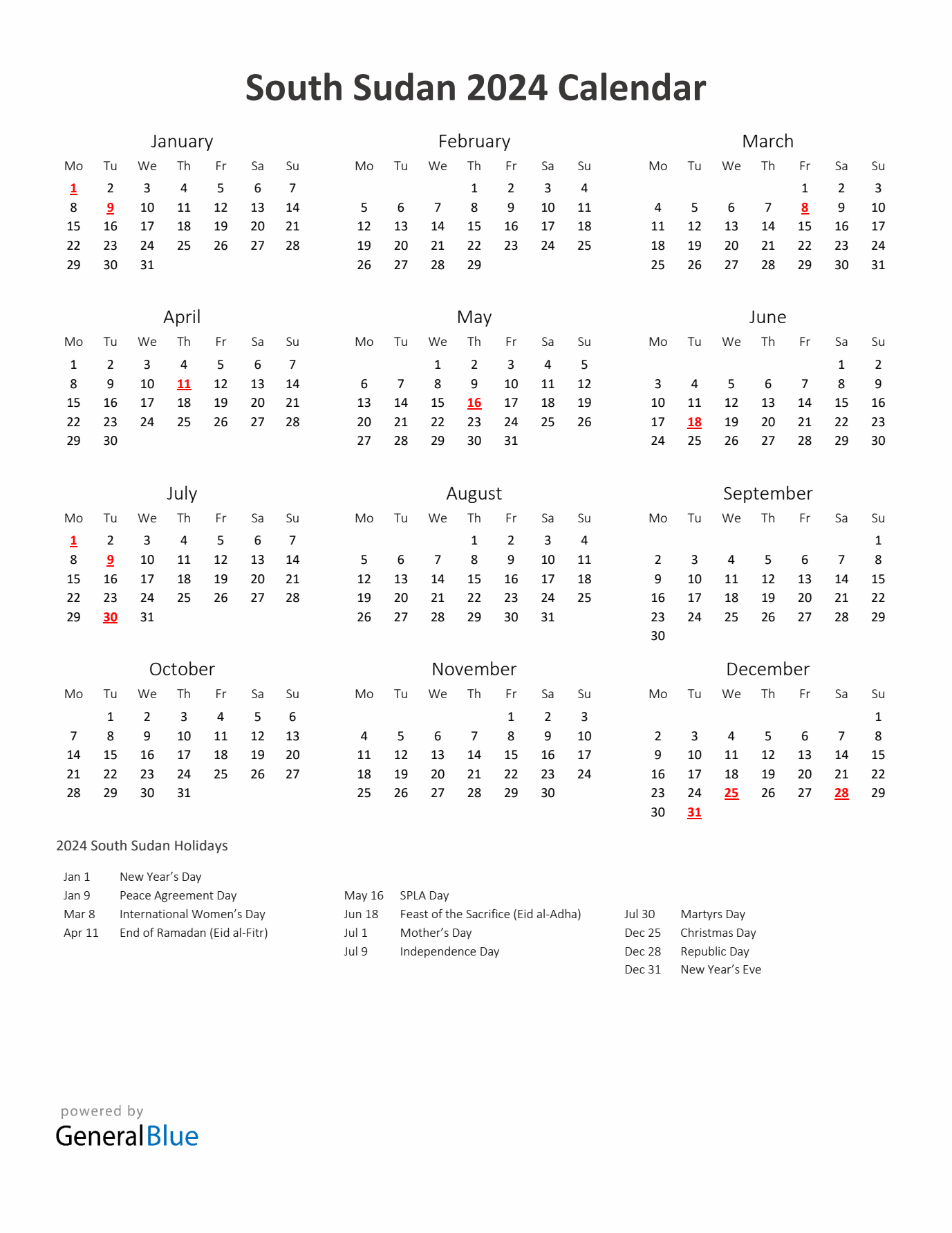 2024 Yearly Calendar Printable With South Sudan Holidays