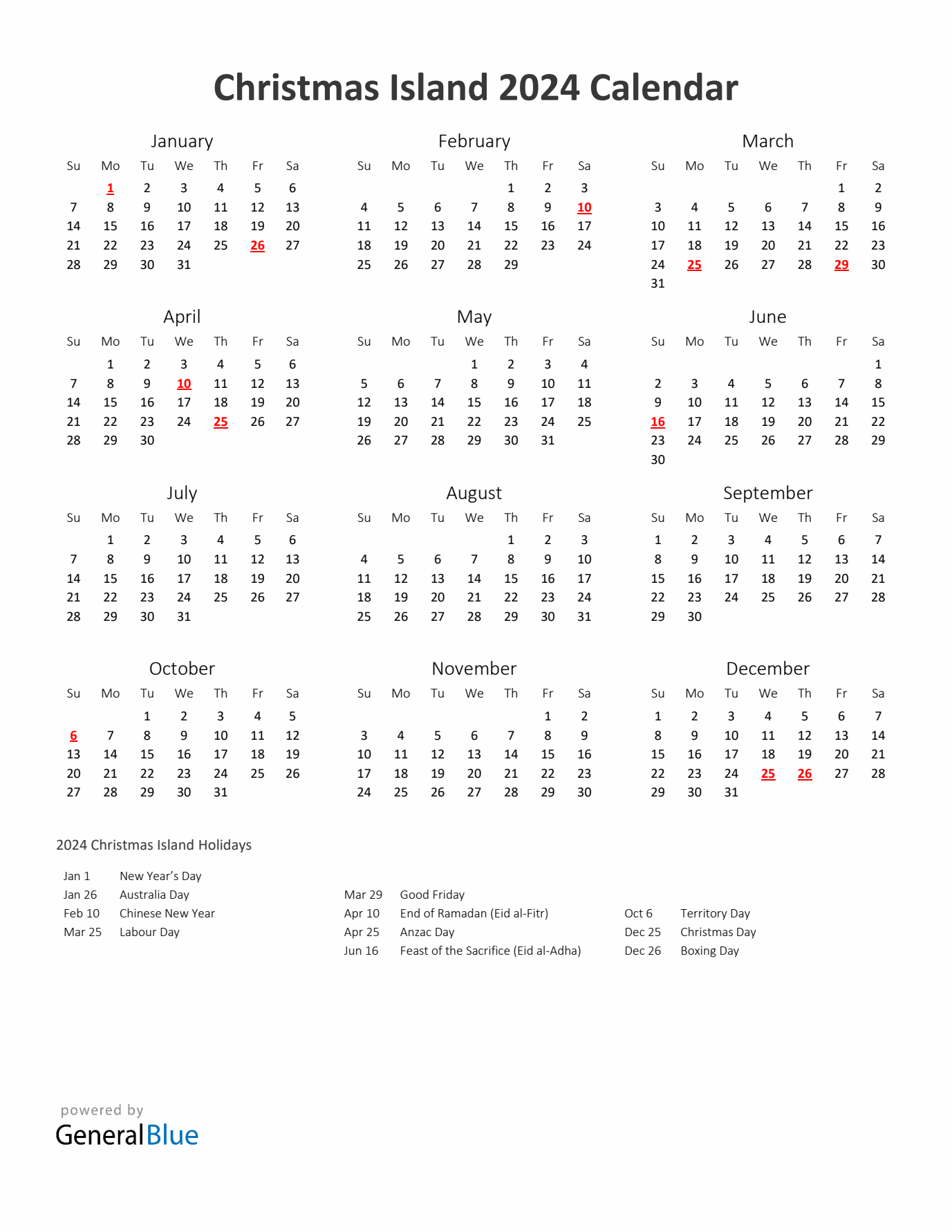 2024 Yearly Calendar Printable With Christmas Island Holidays