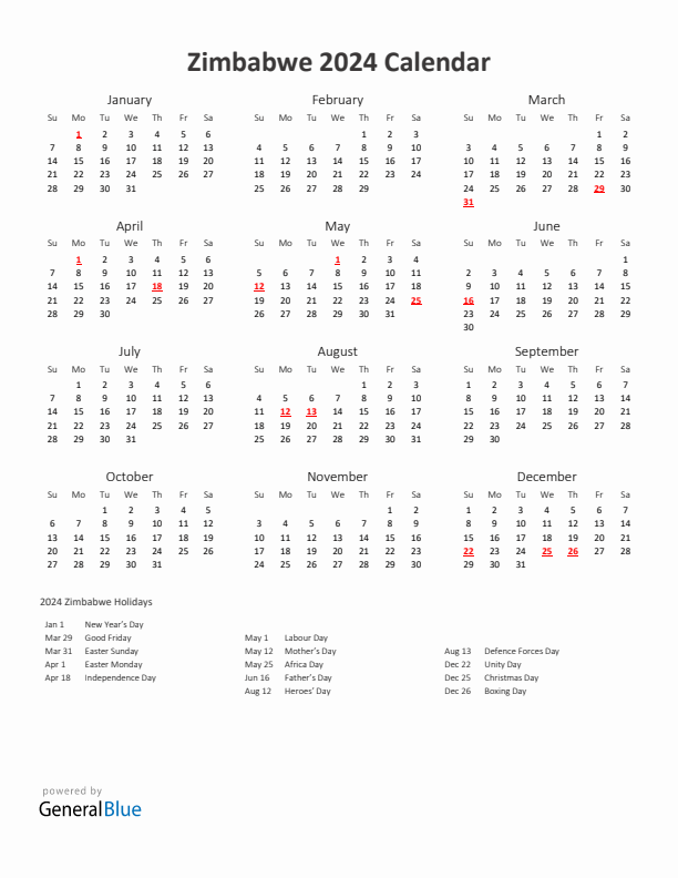 2024 Zimbabwe Calendar With Holidays 2024 Zimbabwe Calendar With Holidays