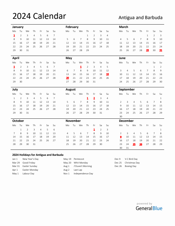 Standard Holiday Calendar for 2024 with Antigua and Barbuda Holidays