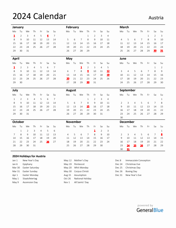 Standard Holiday Calendar for 2024 with Austria Holidays