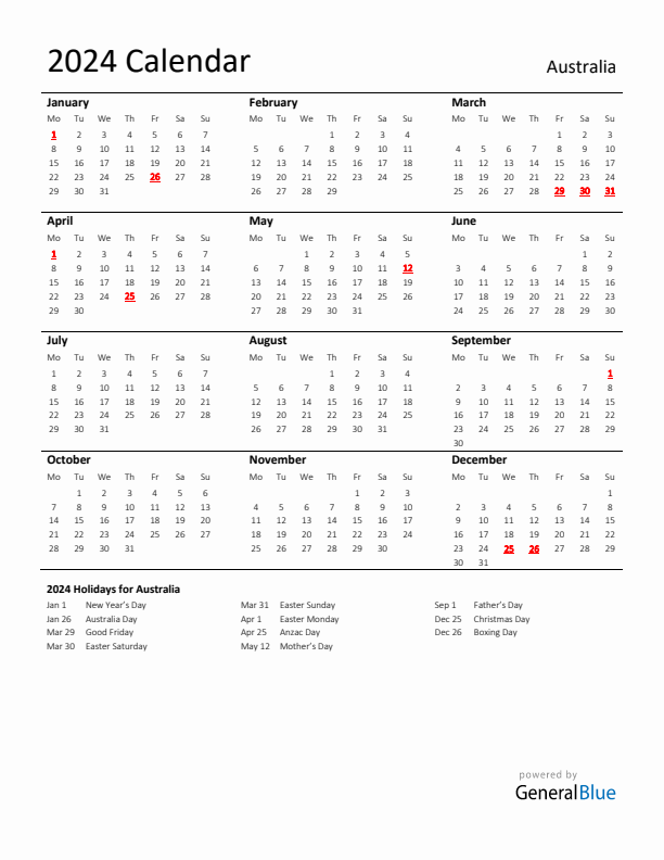 Standard Holiday Calendar for 2024 with Australia Holidays