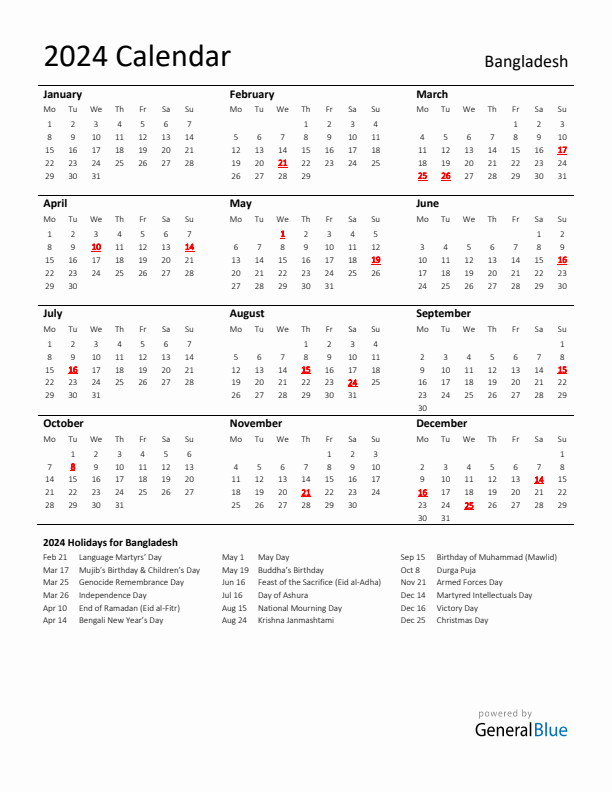 Standard Holiday Calendar for 2024 with Bangladesh Holidays