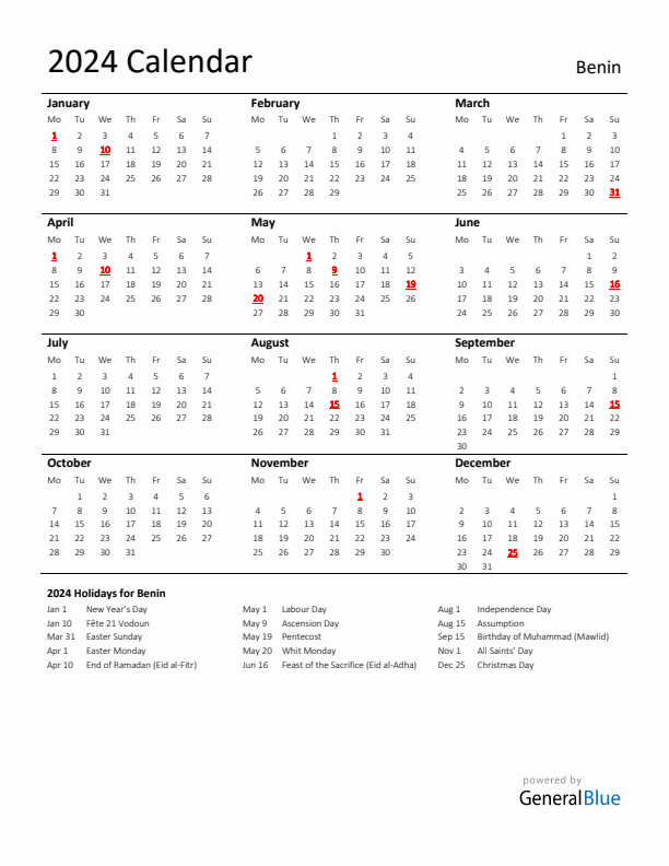 Standard Holiday Calendar for 2024 with Benin Holidays