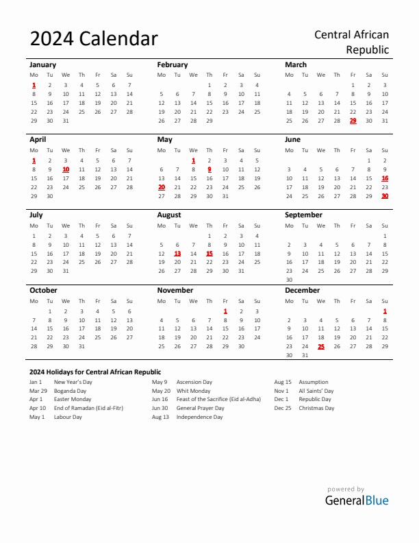 Standard Holiday Calendar for 2024 with Central African Republic Holidays
