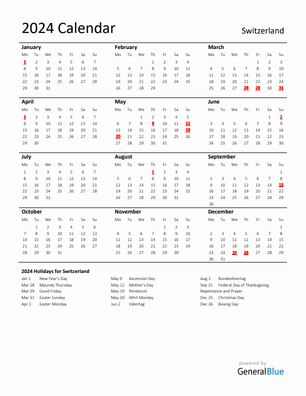 Standard Holiday Calendar for 2024 with Switzerland Holidays