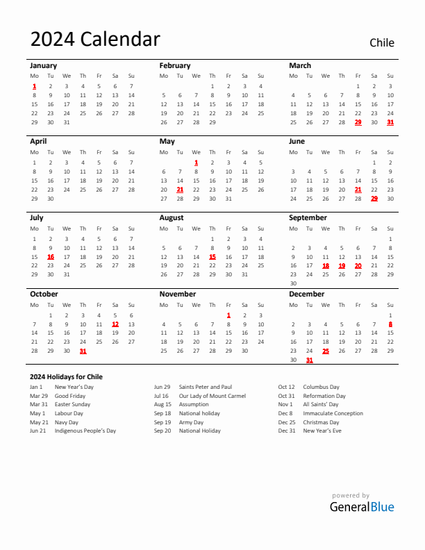 Standard Holiday Calendar for 2024 with Chile Holidays