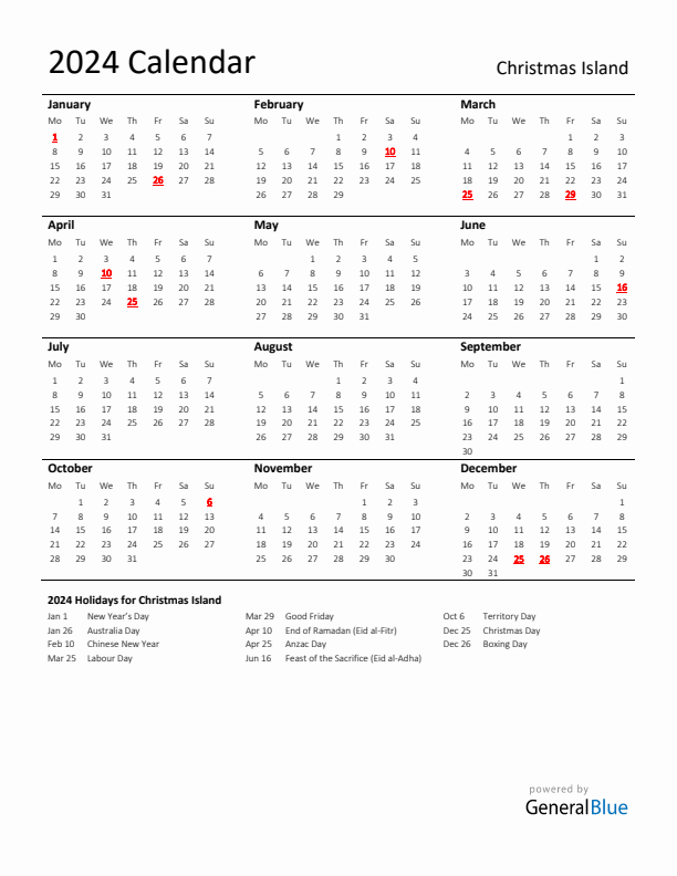 Standard Holiday Calendar for 2024 with Christmas Island Holidays