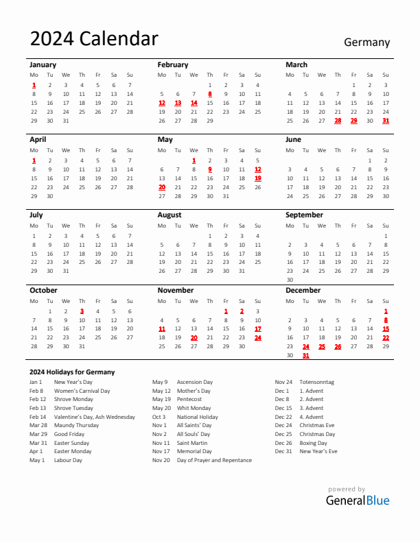 Standard Holiday Calendar for 2024 with Germany Holidays