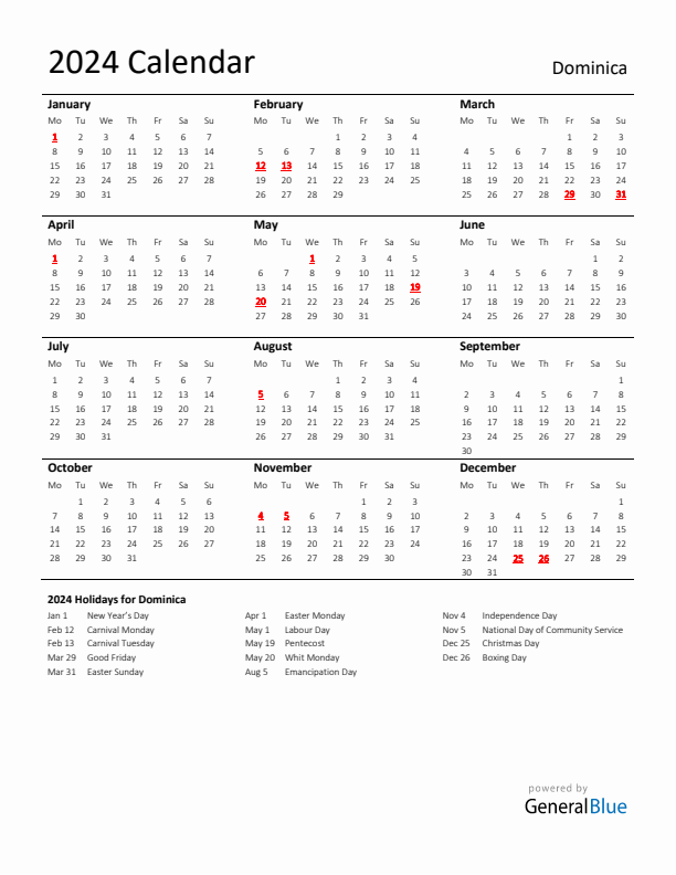 Standard Holiday Calendar for 2024 with Dominica Holidays