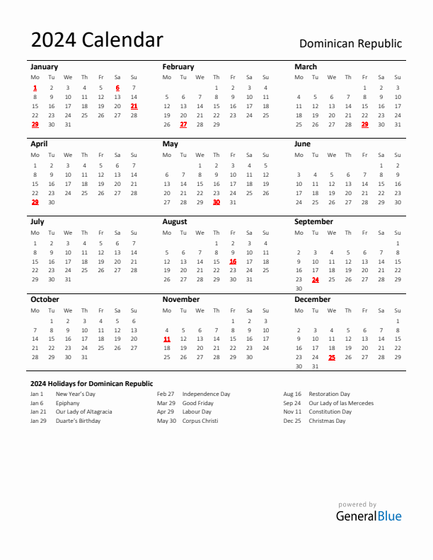 Standard Holiday Calendar for 2024 with Dominican Republic Holidays