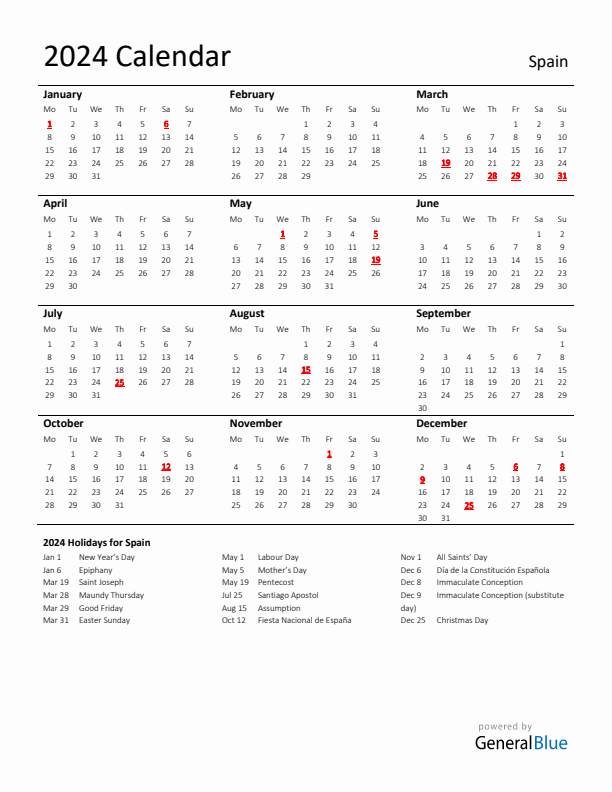 Standard Holiday Calendar for 2024 with Spain Holidays