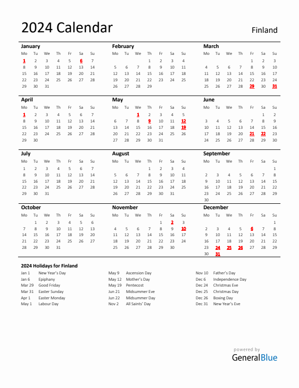Standard Holiday Calendar for 2024 with Finland Holidays