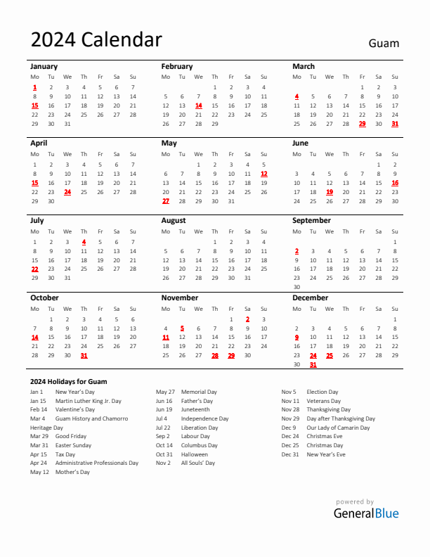 Standard Holiday Calendar for 2024 with Guam Holidays