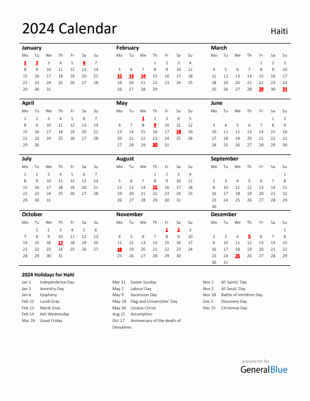 Standard Holiday Calendar for 2024 with Haiti Holidays