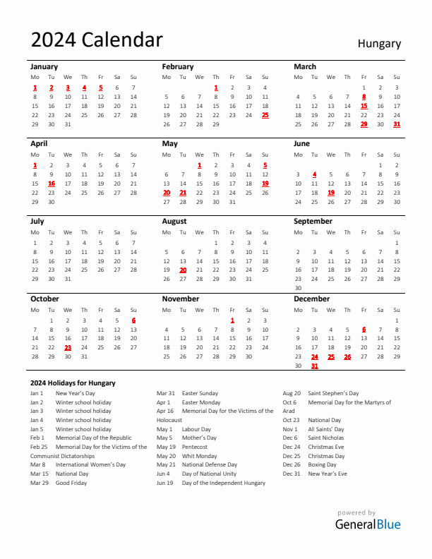 Standard Holiday Calendar for 2024 with Hungary Holidays