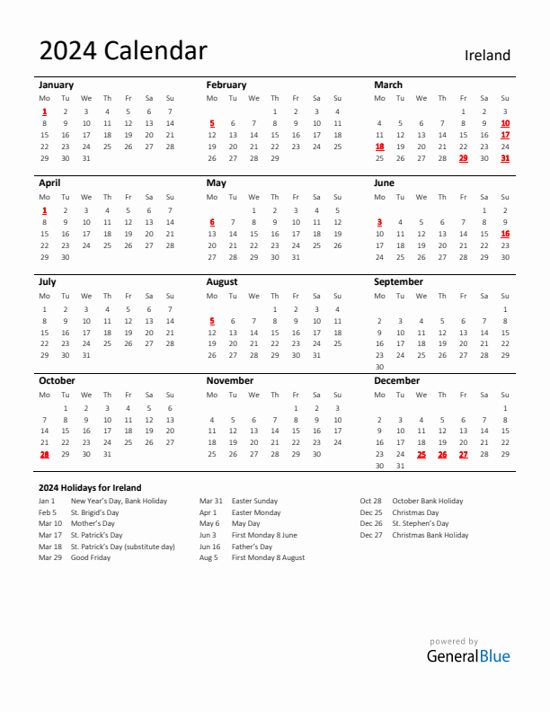 Standard Holiday Calendar for 2024 with Ireland Holidays