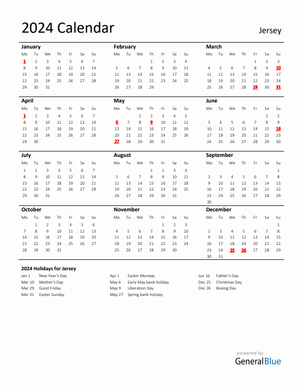 Standard Holiday Calendar for 2024 with Jersey Holidays