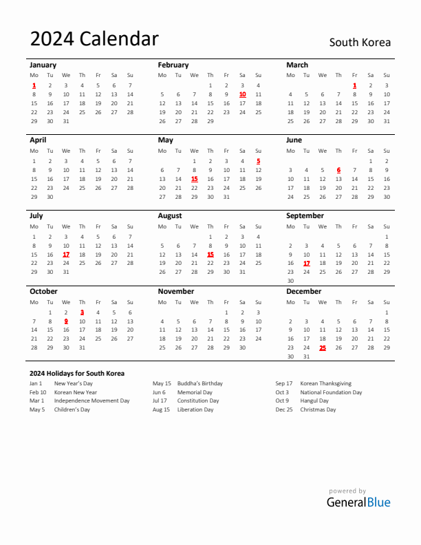 Standard Holiday Calendar for 2024 with South Korea Holidays