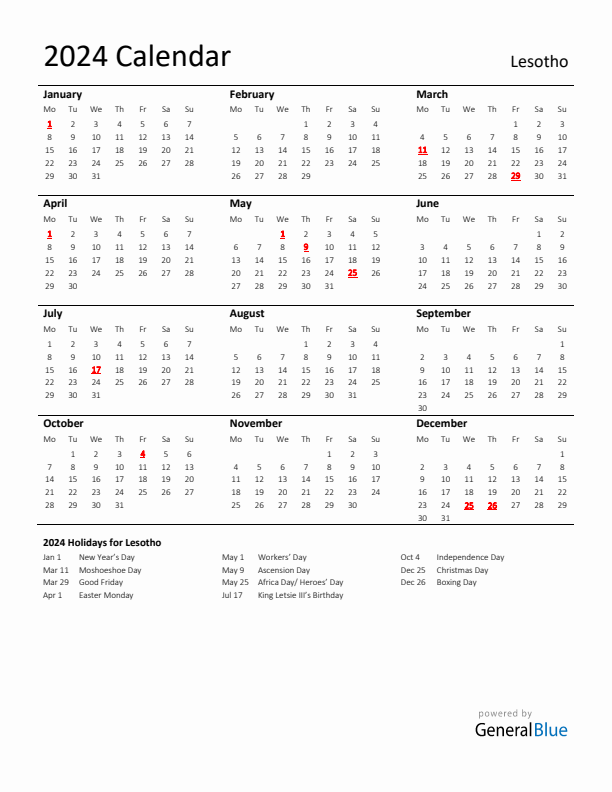 Standard Holiday Calendar for 2024 with Lesotho Holidays