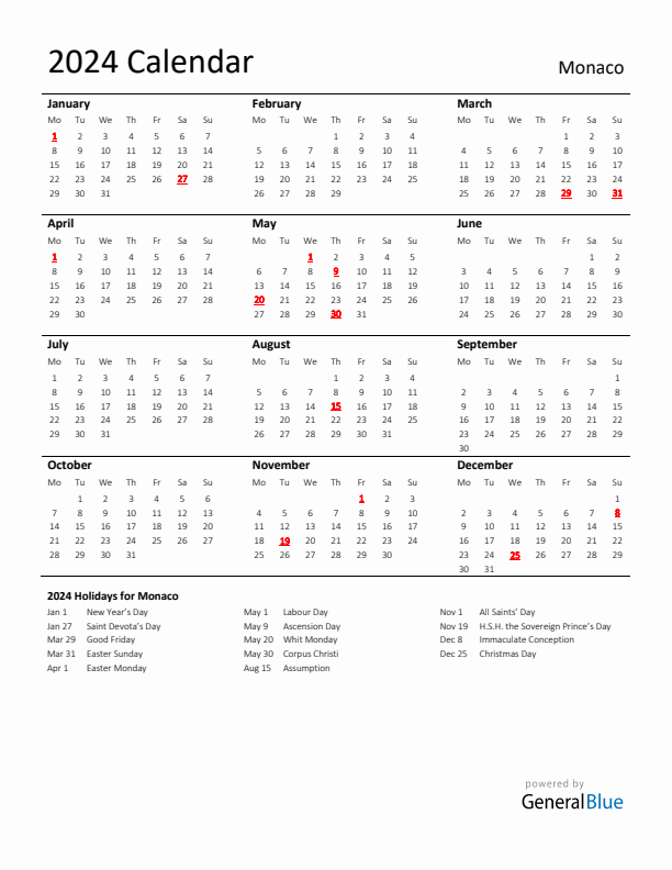 Standard Holiday Calendar for 2024 with Monaco Holidays