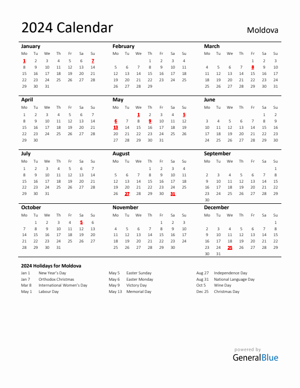 Standard Holiday Calendar for 2024 with Moldova Holidays