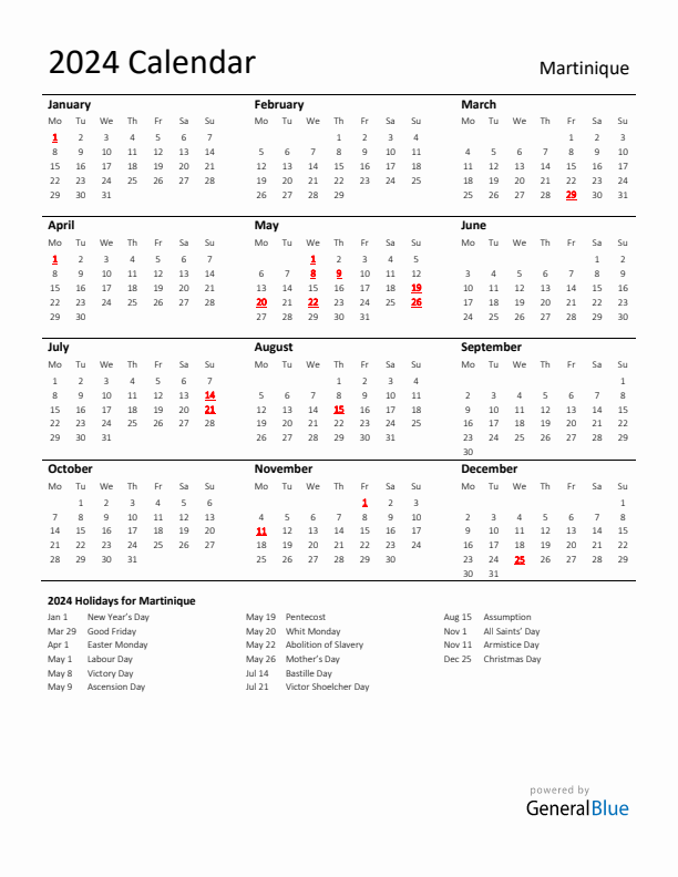 Standard Holiday Calendar for 2024 with Martinique Holidays