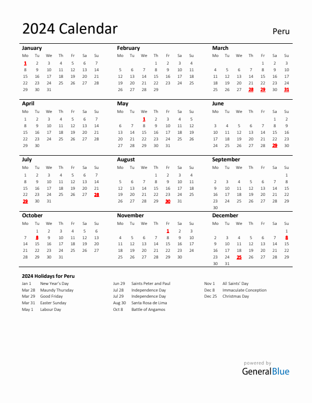 Standard Holiday Calendar for 2024 with Peru Holidays