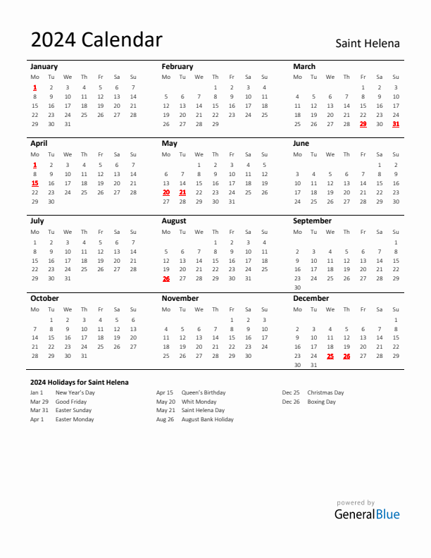 Standard Holiday Calendar for 2024 with Saint Helena Holidays