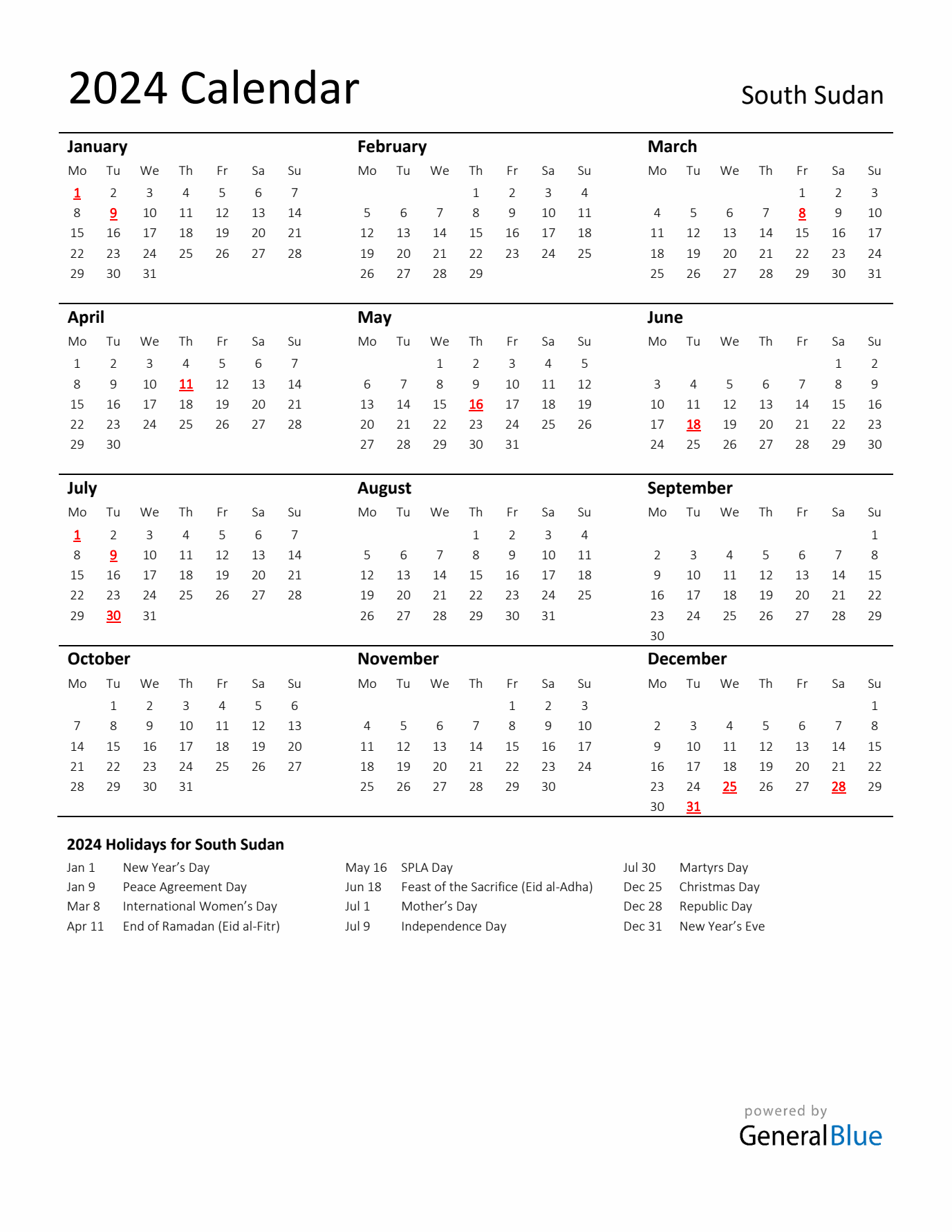 Standard Holiday Calendar for 2024 with South Sudan Holidays