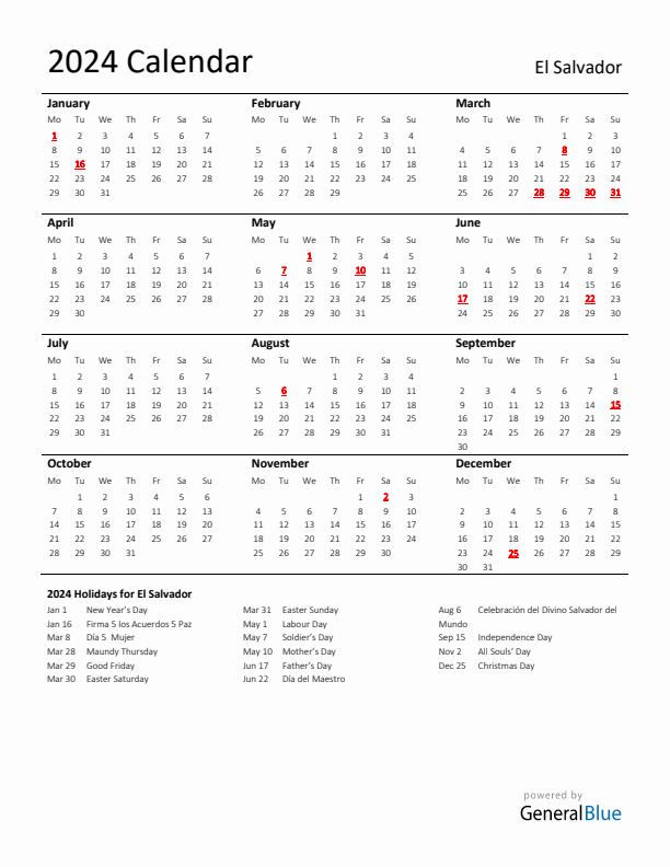 Standard Holiday Calendar for 2024 with El Salvador Holidays