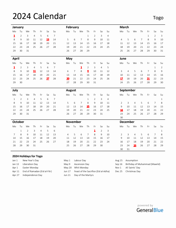 Standard Holiday Calendar for 2024 with Togo Holidays