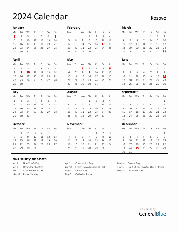 Standard Holiday Calendar for 2024 with Kosovo Holidays