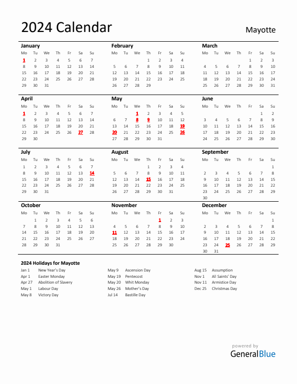 Standard Holiday Calendar for 2024 with Mayotte Holidays
