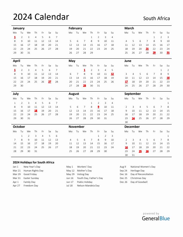 Standard Holiday Calendar for 2024 with South Africa Holidays