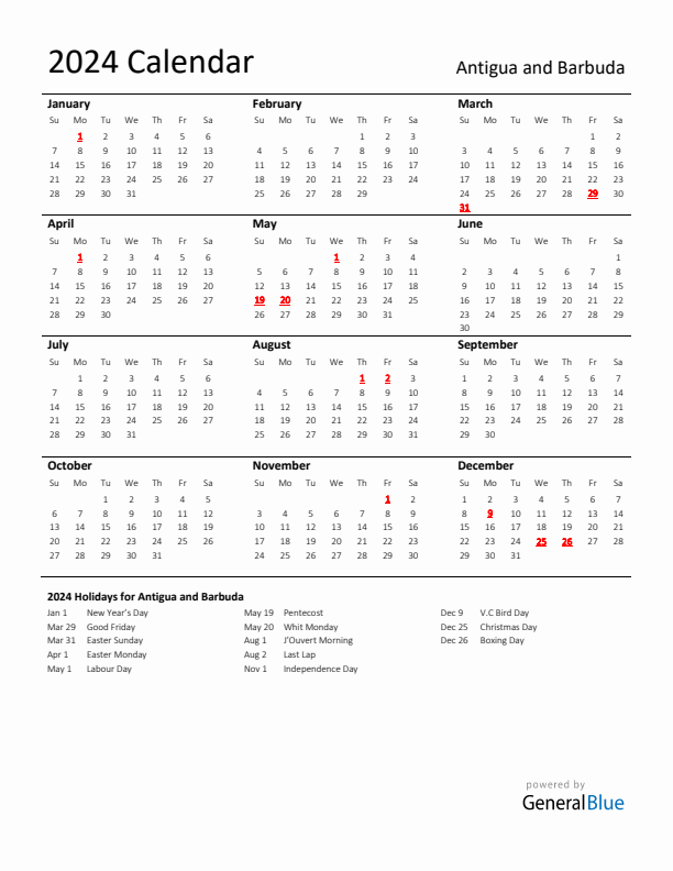 Standard Holiday Calendar for 2024 with Antigua and Barbuda Holidays
