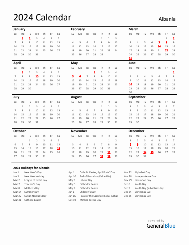Standard Holiday Calendar for 2024 with Albania Holidays