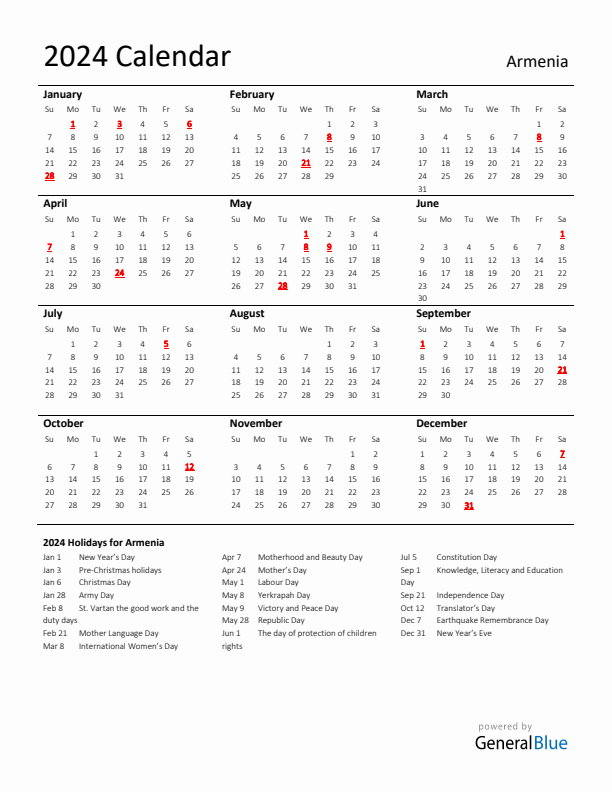 Standard Holiday Calendar for 2024 with Armenia Holidays